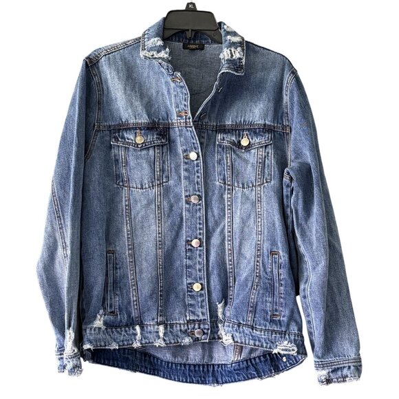 Arrive Denim Jacket Patches Distressed XL Boho Hippie Unique Fall - Picture 2 of 9